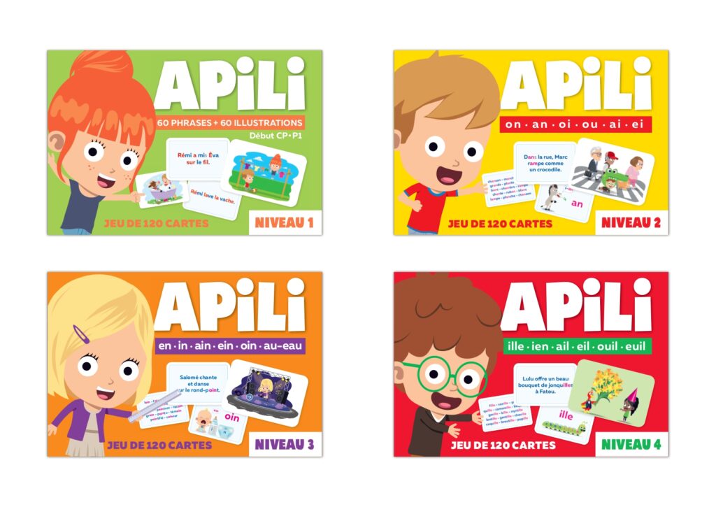 Jeux de 120 cartes avec des phrases et des illustrations de la méthode de lecture Apili.